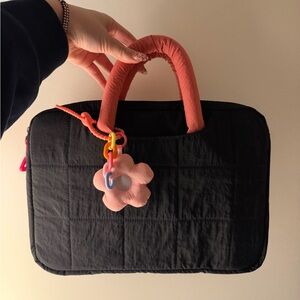 Black Quilted Laptop Bag with Pink Handles